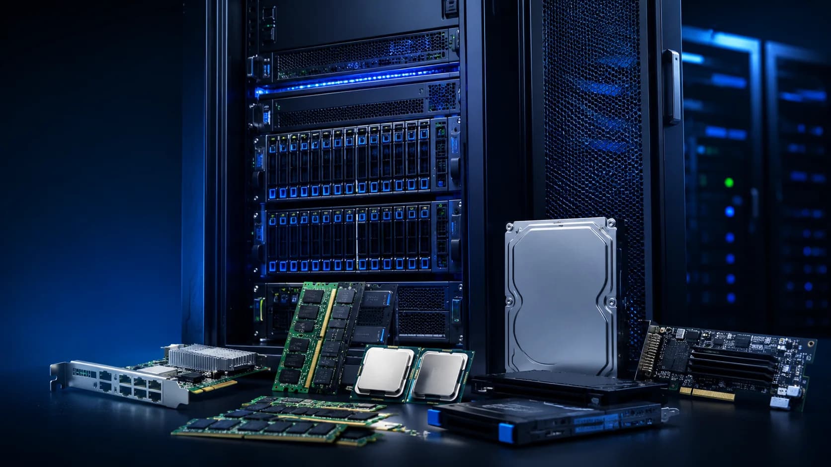 Koláž serverů, desek, pamětí RAM, procesorů a rackového hardwaru