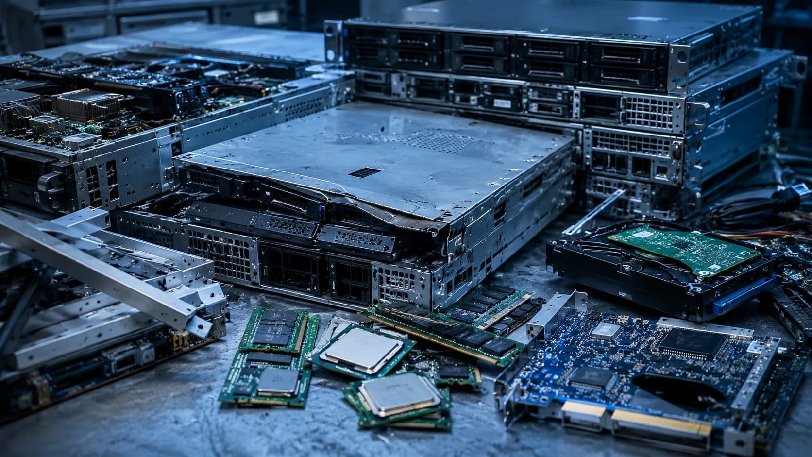 Rozebraný a poškozený serverový hardware s komponenty