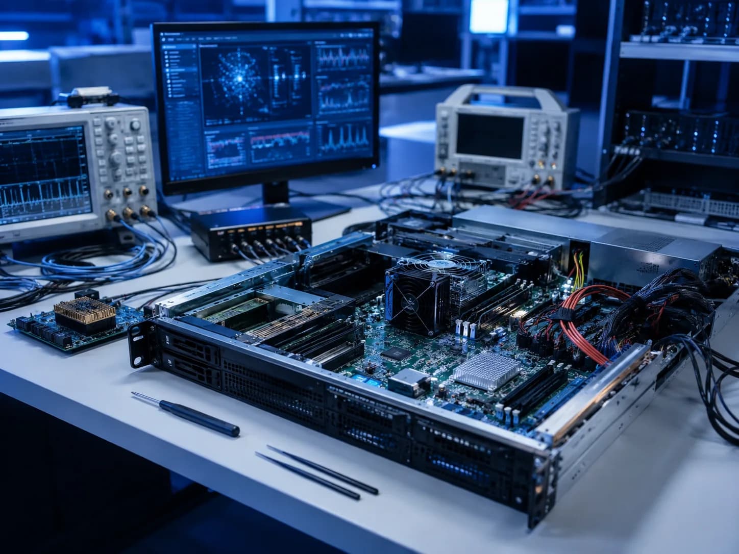Servisní a testovací stůl s hardwarem